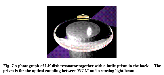 テキスト ボックス:  

Fig. 7 A photograph of LN disk resonator together with a lutile prism in the back.  The prism is for the optical coupling between WGM and a sensing light beam..
